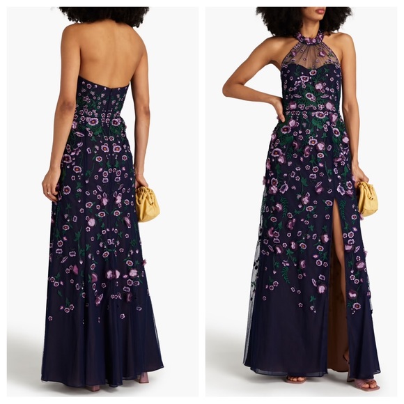 Marchesa 3D Floral Appliqué Halter Gown - Picture 3 of 4